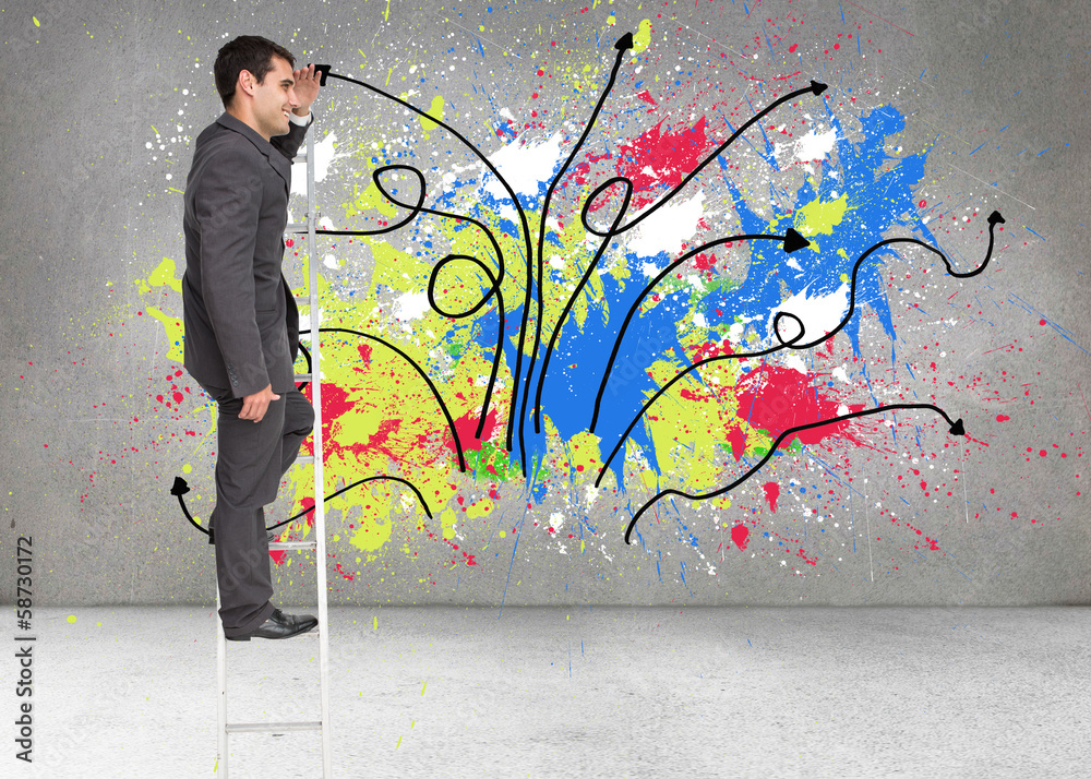 Poster composite image of happy businessman standing on ladder