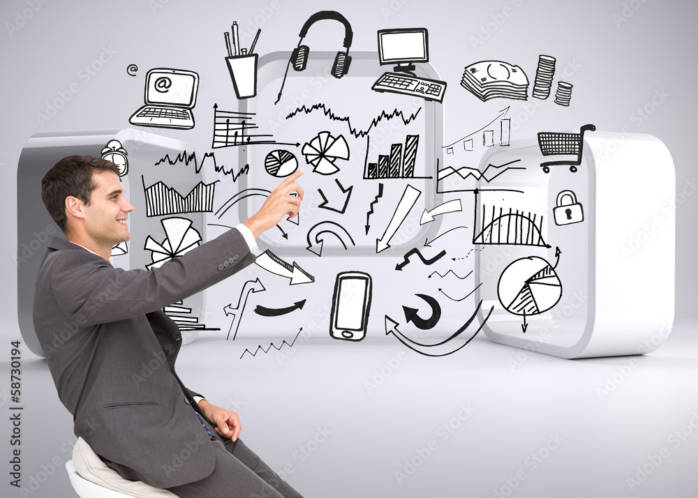 Poster Composite image of smiling classy businessman sitting and pointi