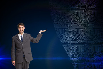 Composite image of happy businessman presenting