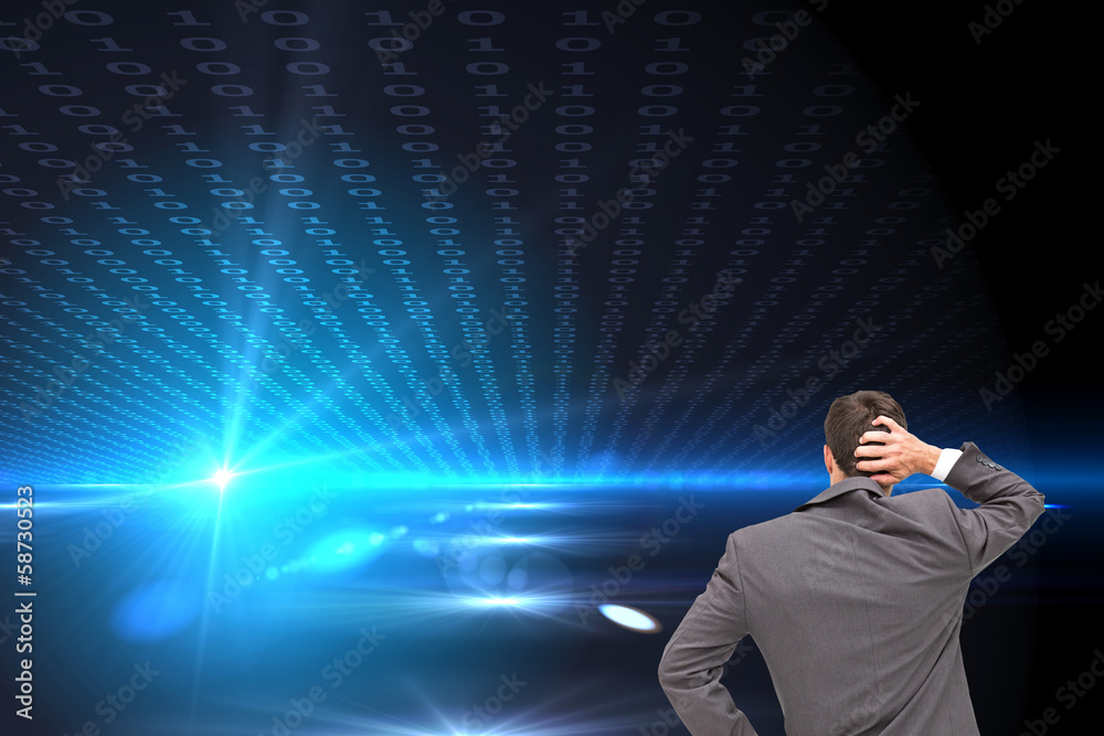 Poster composite image of young businessman standing back to camera scr