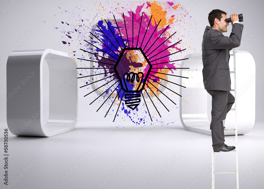 Poster composite image of businessman standing on ladder
