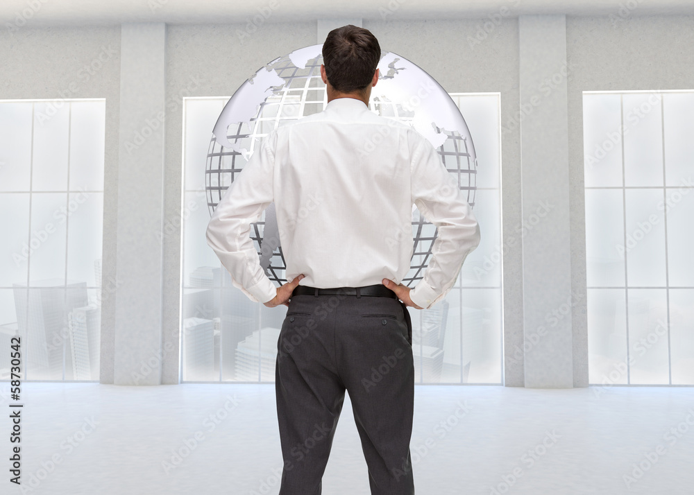 Poster composite image of rear view of classy young businessman posing