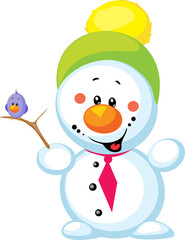 little snowman with bird isolated on white background