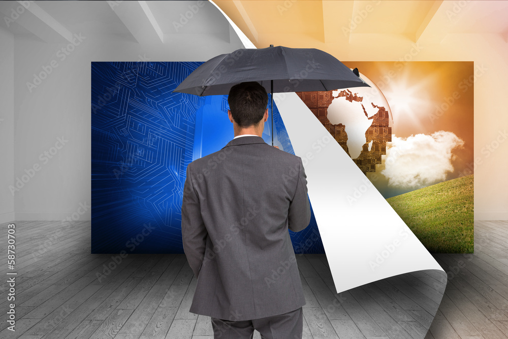 Poster composite image of rear view of classy businessman holding grey