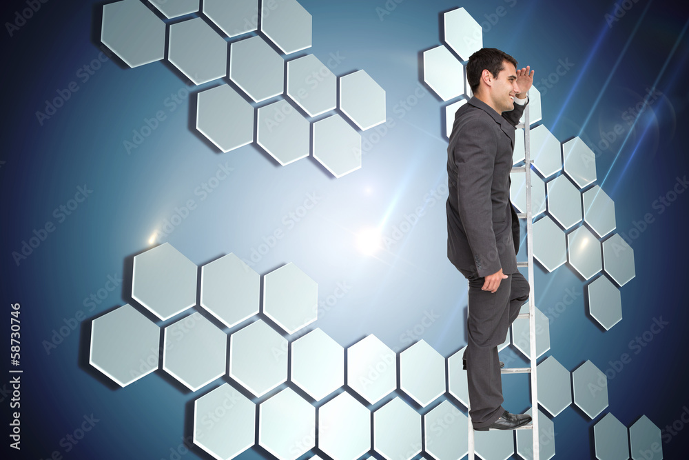 Poster composite image of happy businessman standing on ladder