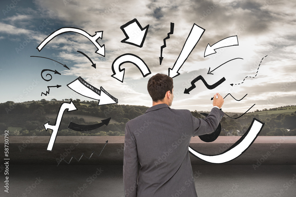 Poster composite image of businessman standing back to camera writing w