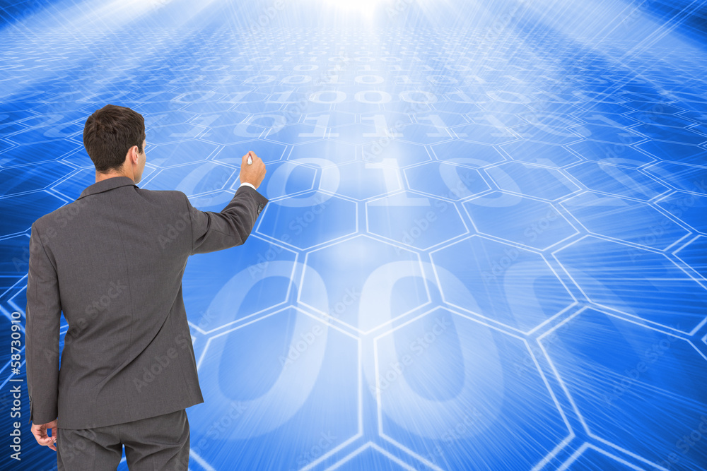 Poster composite image of businessman standing back to camera writing w