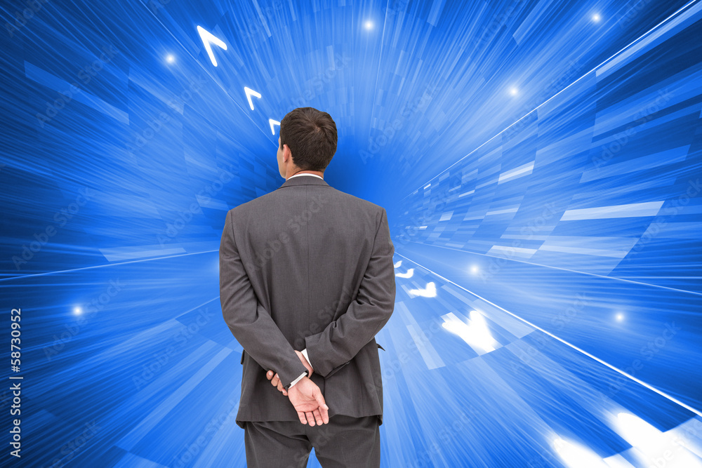 Poster Composite image of rear view of classy businessman posing