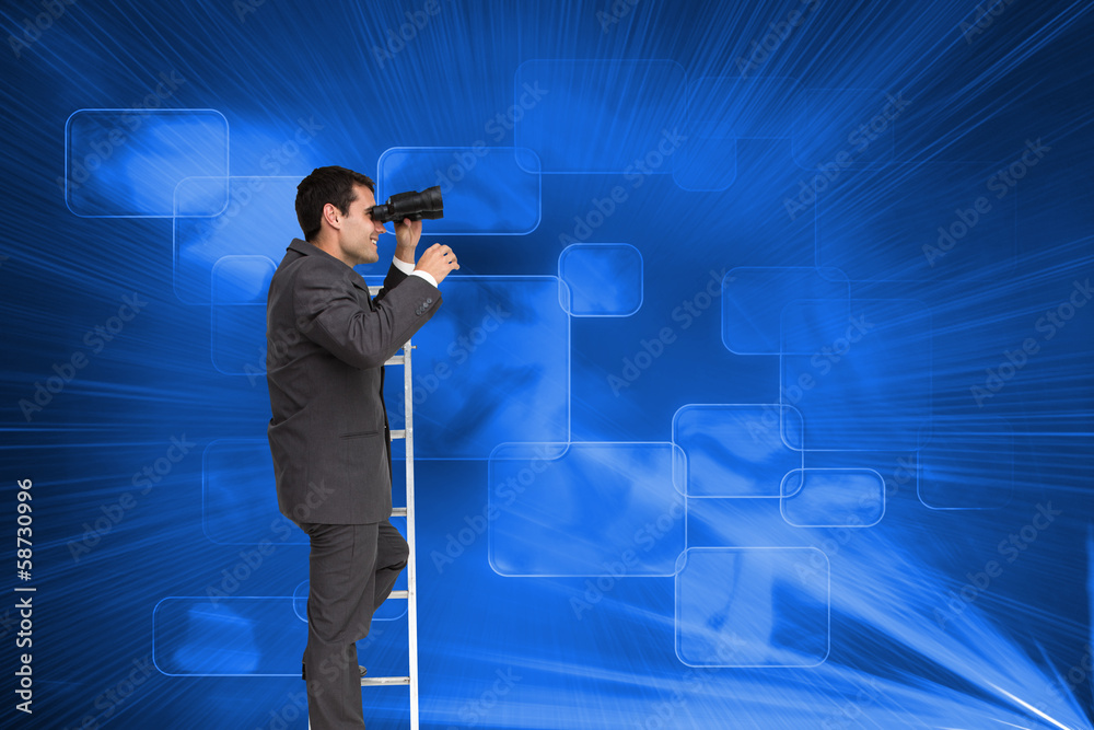 Poster composite image of businessman standing on ladder