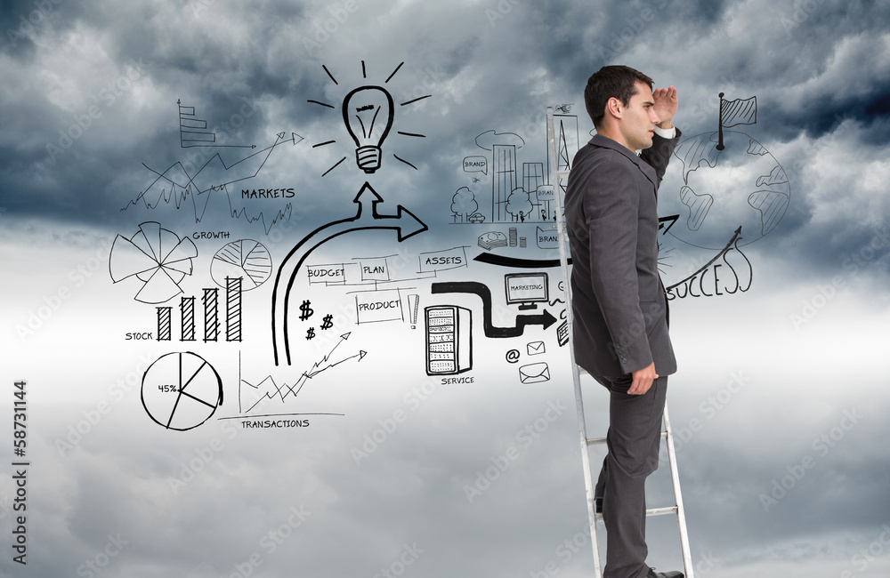 Poster composite image of businessman standing on ladder