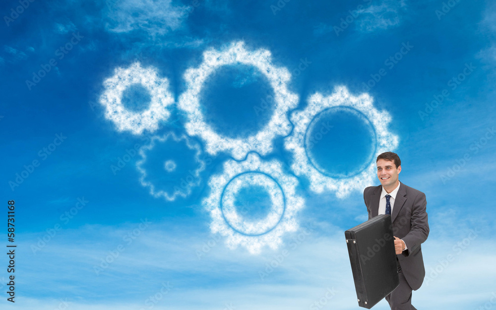 Poster Composite image of smiling businessman in a hury