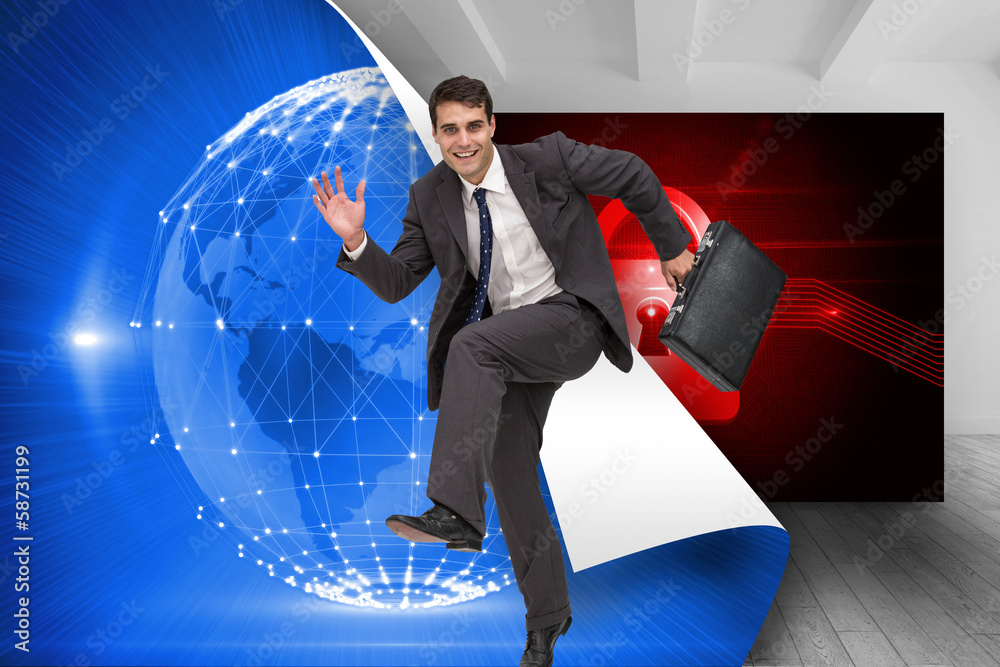 Poster composite image of happy businessman in a hury