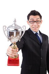 Funny guy receiving award on white