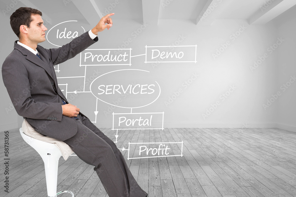 Poster composite image of businessman sitting and pointing the finger