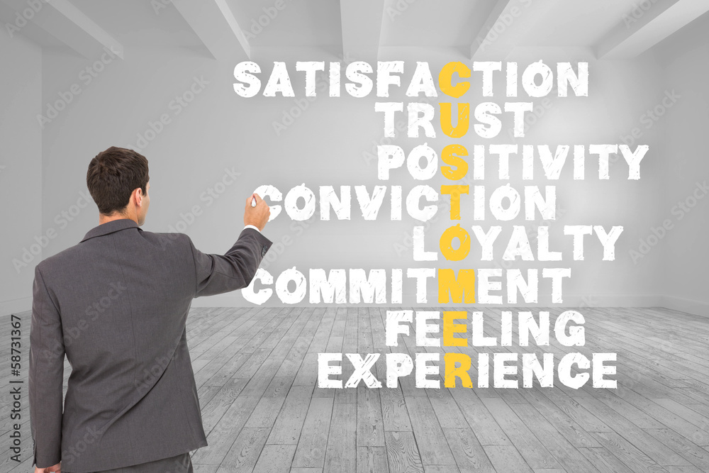 Poster composite image of businessman standing back to camera writing w