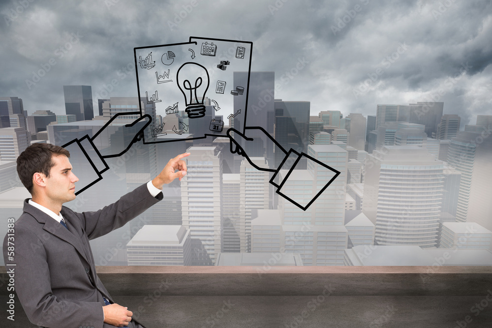 Poster composite image of businessman sitting and pointing the finger