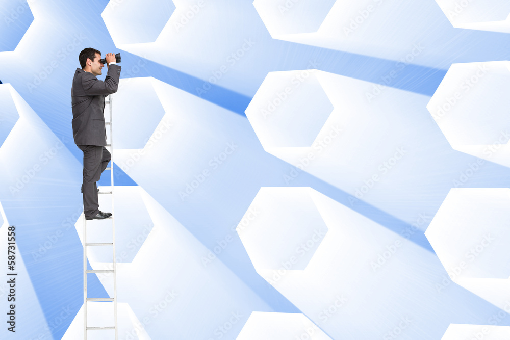 Poster Composite image of businessman standing on ladder using binocula