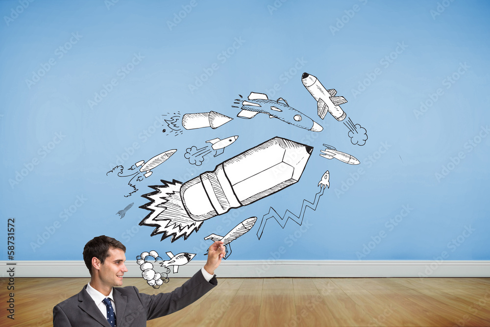 Poster Composite image of smiling businessman holding something up in t