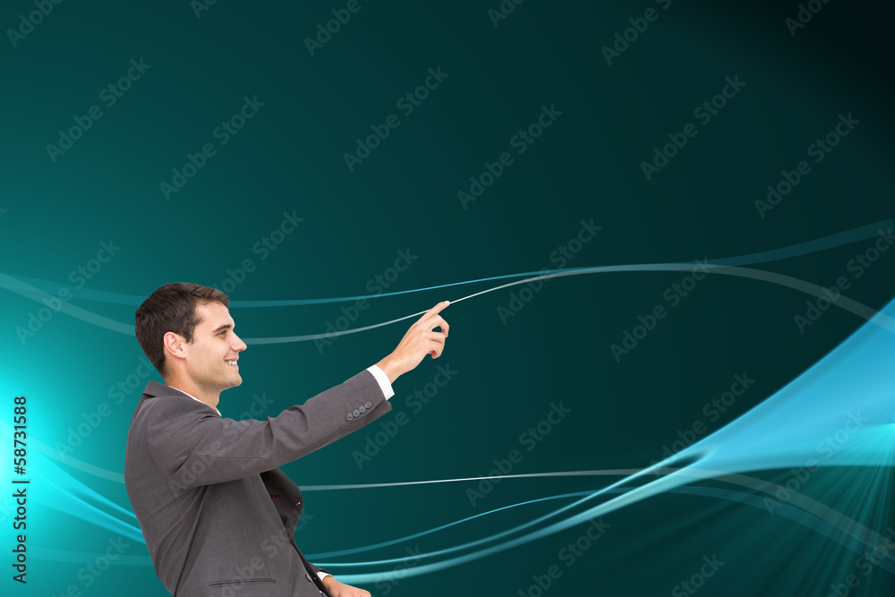 Poster Composite image of smiling classy businessman sitting and pointi