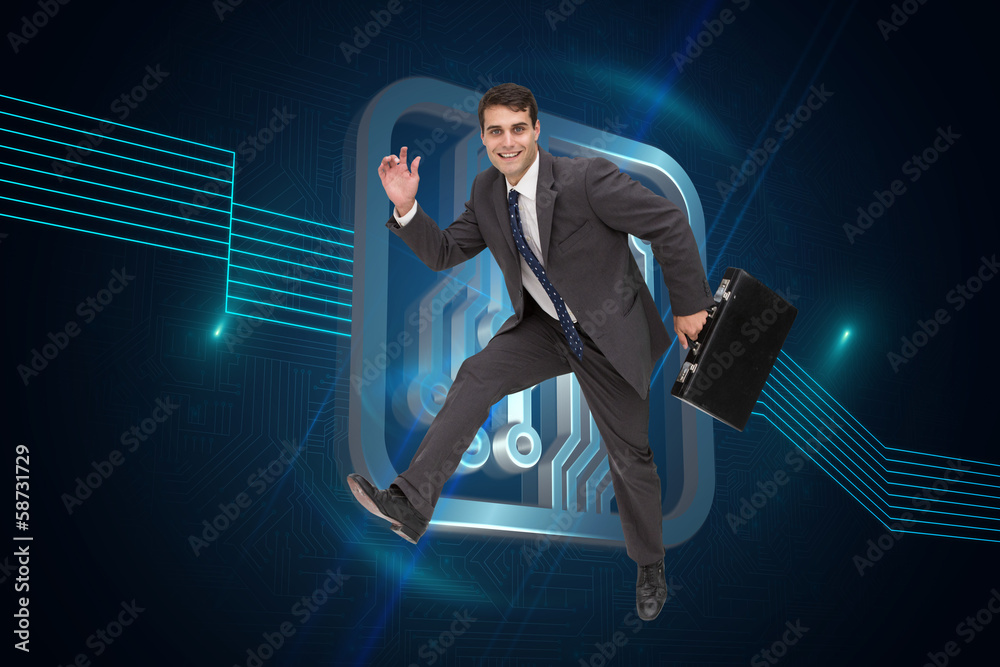 Poster composite image of cheerful businessman in a hury