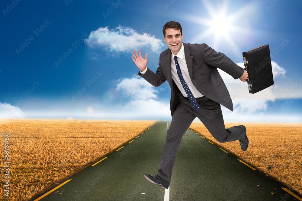Poster Composite image of smiling businessman in a hury