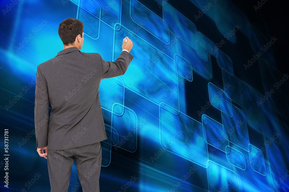 Poster composite image of businessman standing back to camera writing w