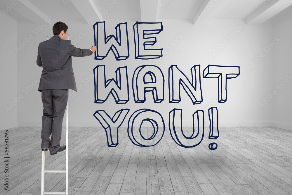 Poster composite image of businessman standing on ladder