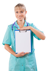 female doctor demonstrating clipboard with empty sheet
