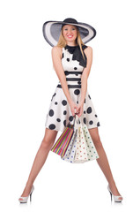 Girl after good shopping on white