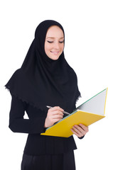 Young muslim student with books on white