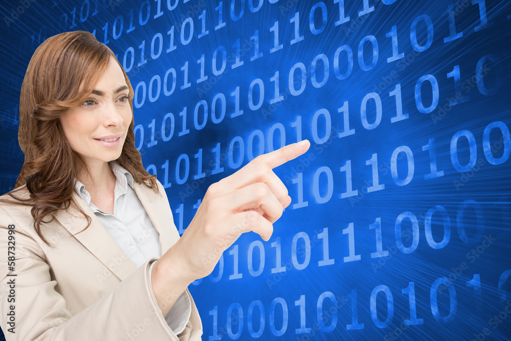 Poster composite image of businesswoman pressing an invisible key