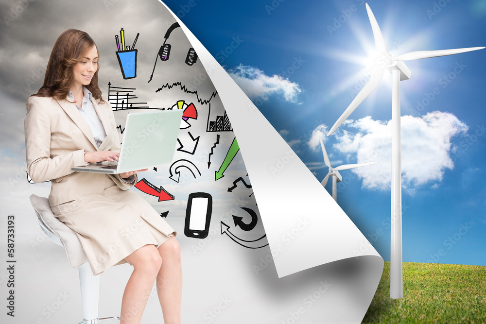 Poster composite image of smiling businesswoman sitting and using lapto
