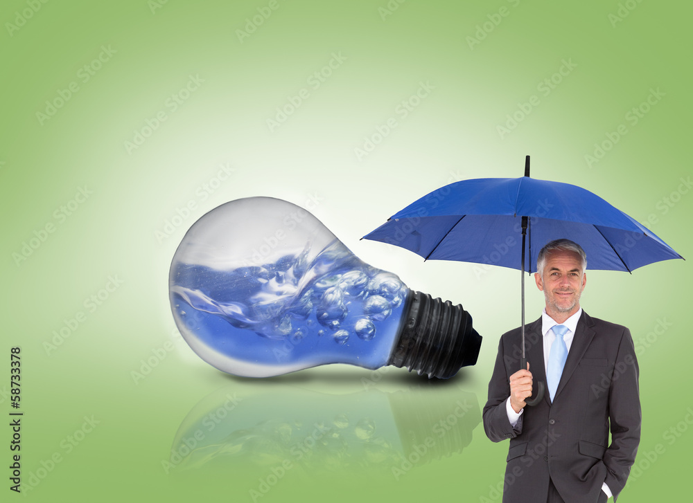 Poster composite image of businessman smiling at camera and holding blu