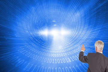 Composite image of rear view of classy mature businessman pointi