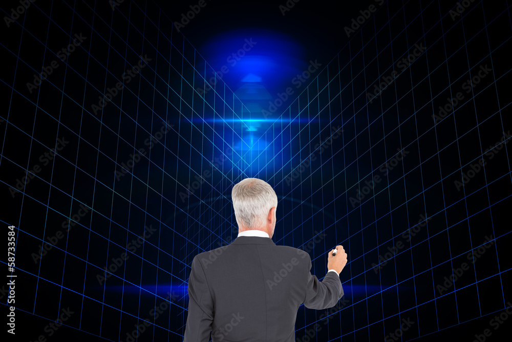 Poster Composite image of rear view of businessman standing and writing