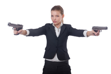 Woman businesswoman with gun on white