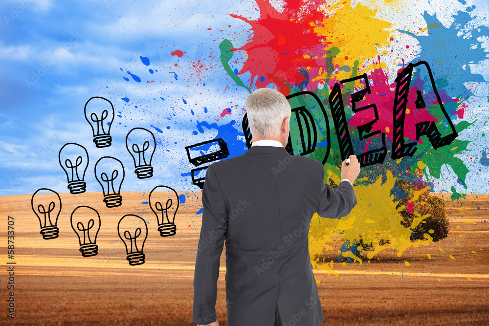 Poster composite image of rear view of businessman standing and writing