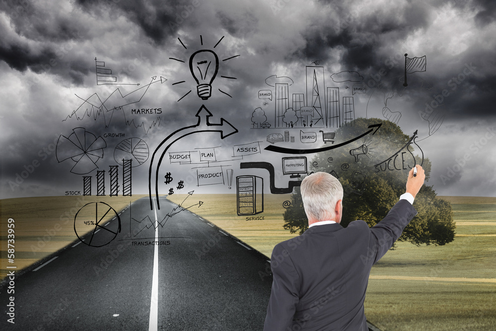 Poster composite image of rear view of serious businessman standing and