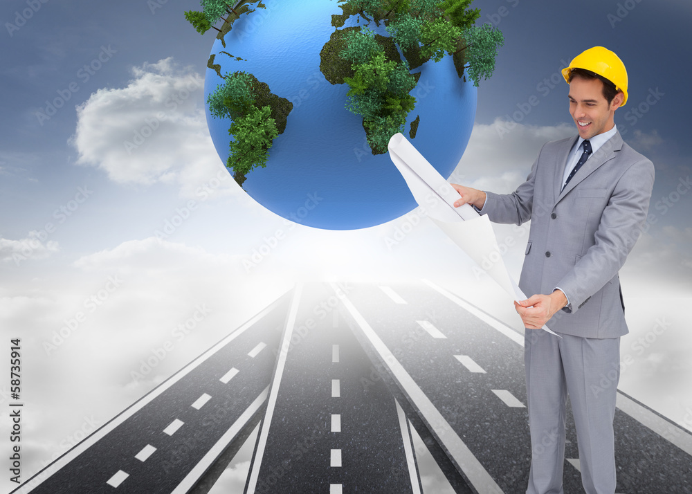 Poster Composite image of smiling architect with hard hat looking at pl
