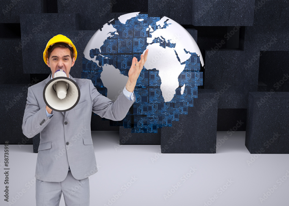 Poster Composite image of architect with hard hat shouting with a megap