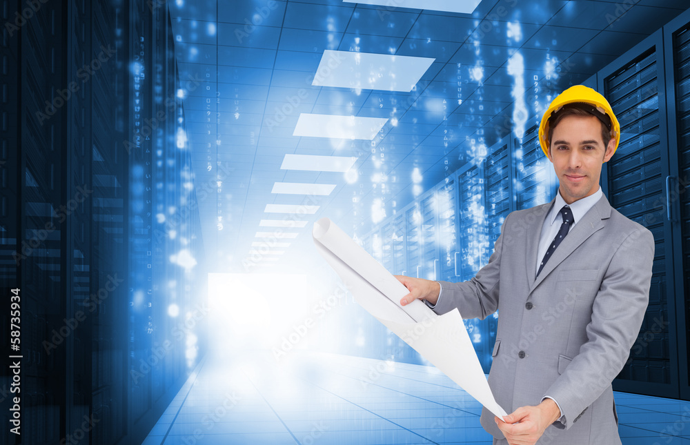 Poster composite image of serious architect with hard hat holding plans