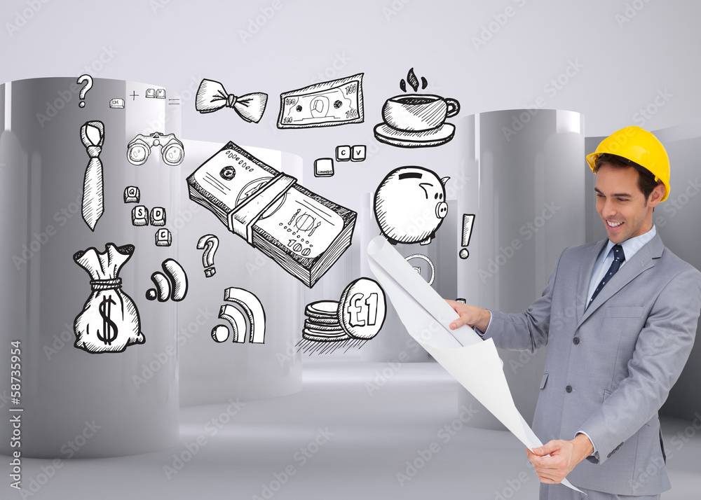Poster Composite image of smiling architect with hard hat looking at pl