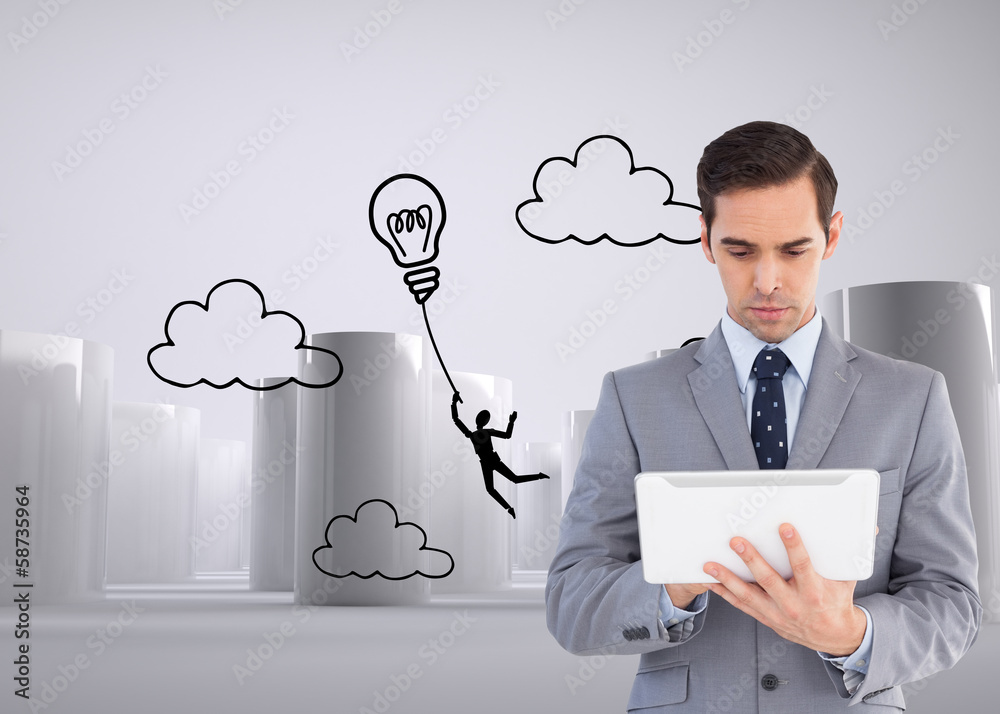 Poster Composite image of businessman holding a tablet computer