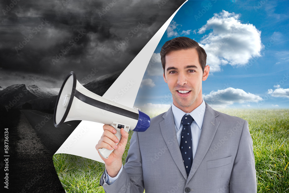 Poster composite image of smiling businessman holding a megaphone