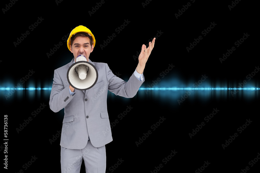 Poster Composite image of architect with hard hat shouting with a megap