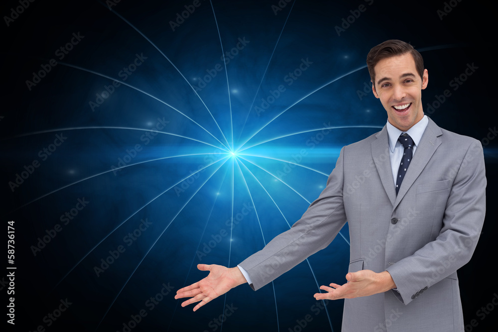Poster composite image of happy businessman giving a presentation with
