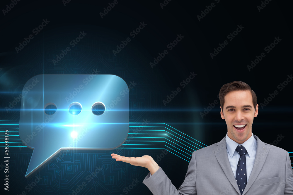 Poster Composite image of smiling businessman presenting something with