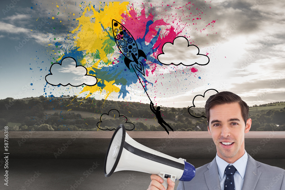 Poster composite image of smiling businessman holding a megaphone