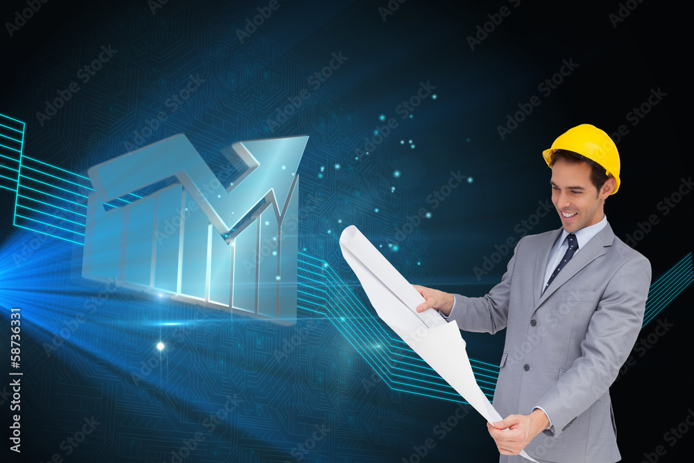 Poster Composite image of smiling architect with hard hat looking at pl