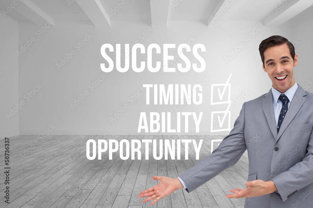 Poster composite image of happy businessman giving a presentation with